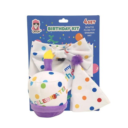 Kit de cumpleaños para perros de 4 piezas: celebra con estilo con pañuelo, sombrero, pajarita y peluche.