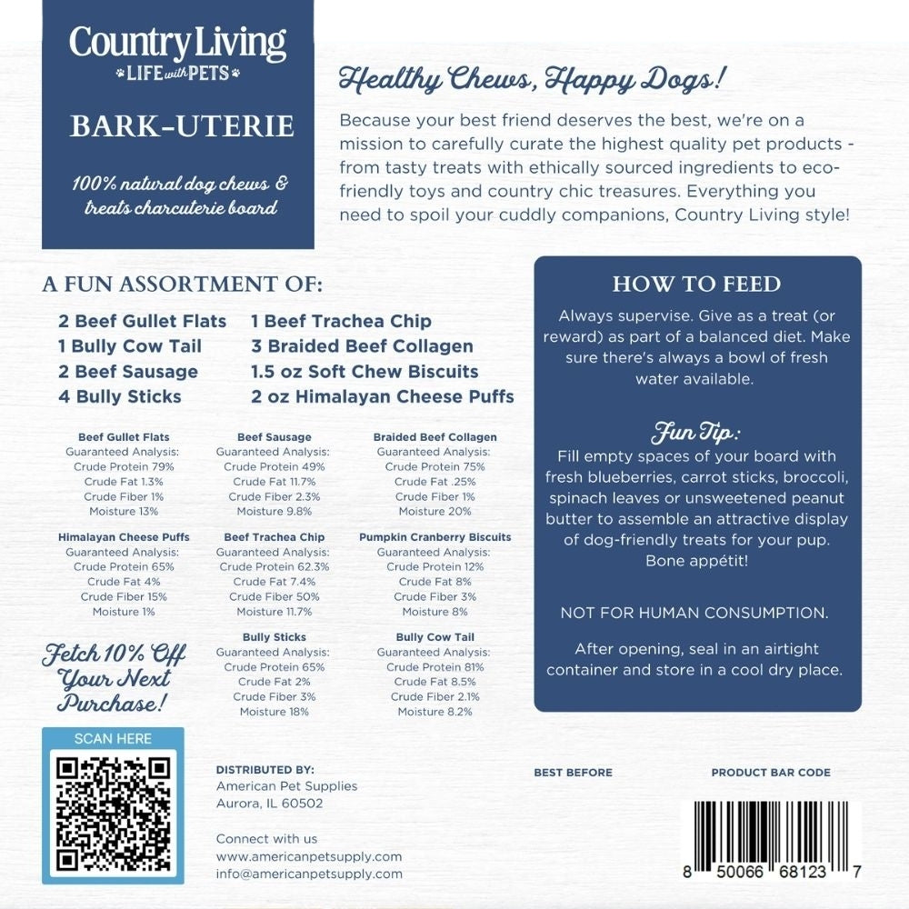 Plateau de friandises pour chiens Country Living Bark-Uterie – Assortiment de gâteries naturelles inspirées de la charcuterie | Ingrédient unique, riche en protéines, sans céréales | Pour toutes races et toutes tailles