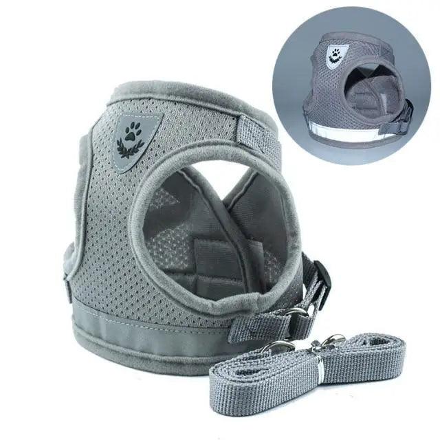 Stevvex dog harness and leash set, grey nylon mesh, reflective, adjustable no-pull on Tampa Home & Garden Store