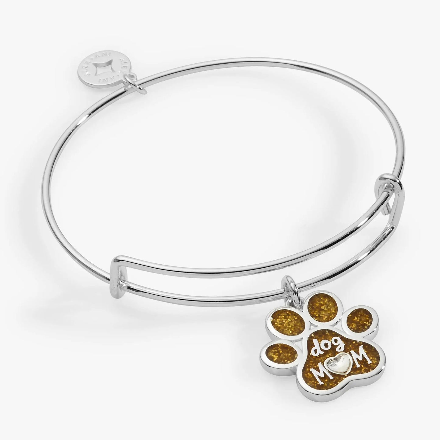 Dog Mom Charm Bangle by Alex and Ani, silver bracelet with glittery brown paw print charm on Tampa Home & Garden Store