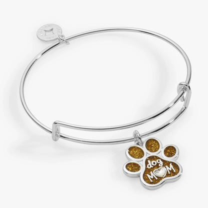 Dog Mom Charm Bangle by Alex and Ani, silver bracelet with glittery brown paw print charm on Tampa Home & Garden Store