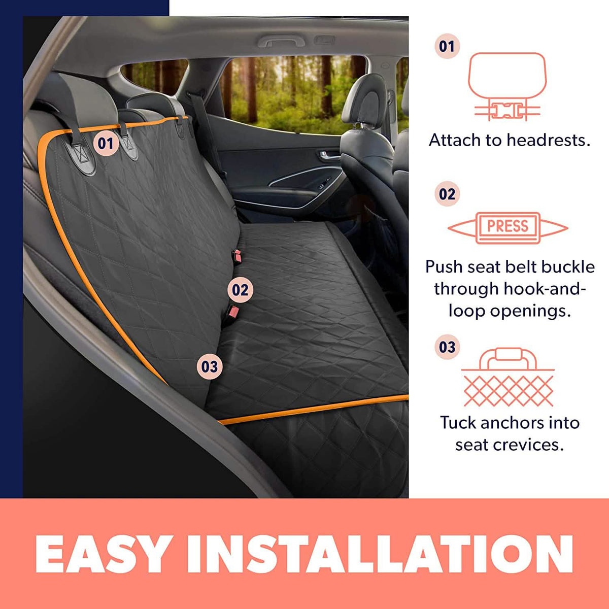Dog rear seat cover protector, quilted with orange trim, waterproof anti-slip hammock on Tampa Home & Garden Store