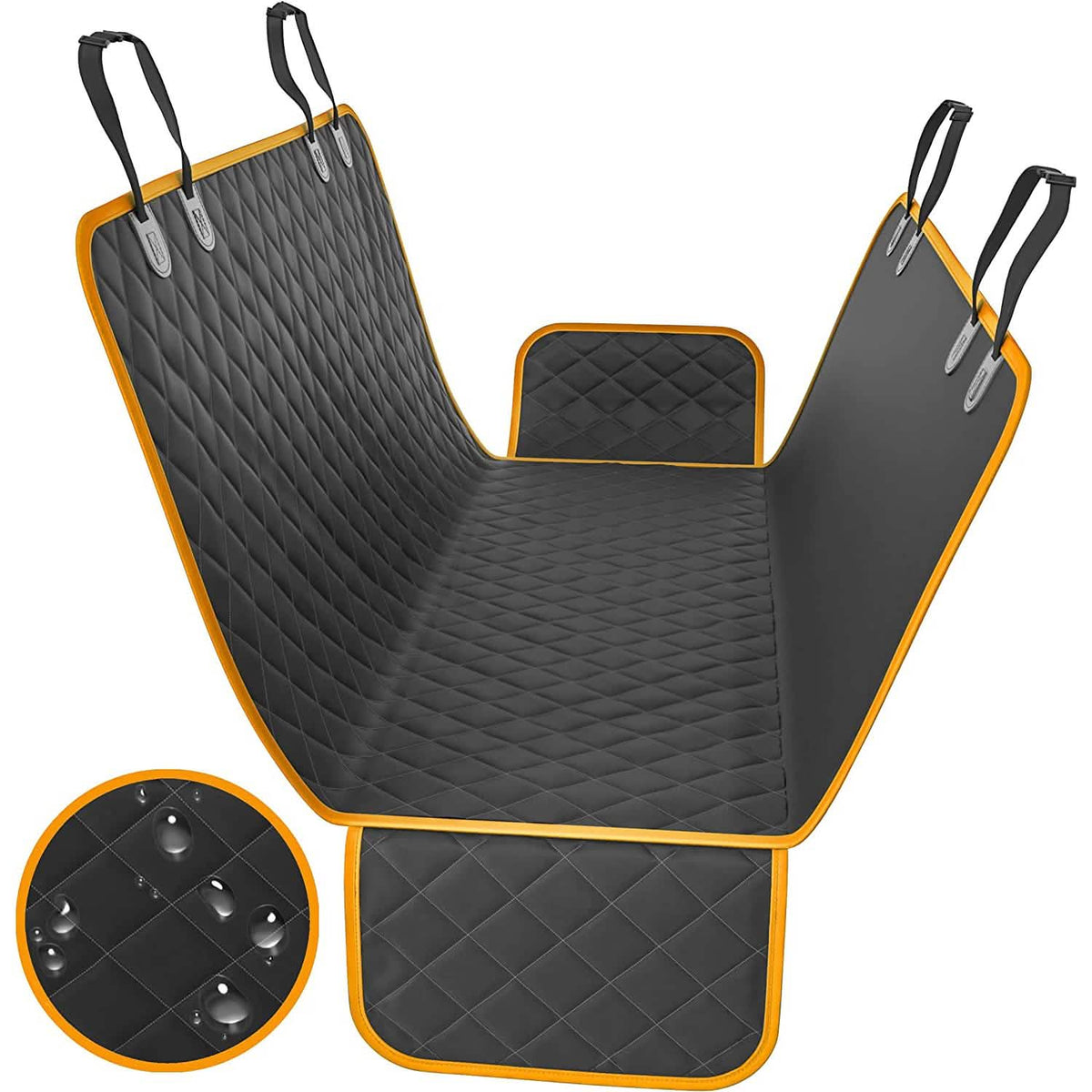 Dog rear seat hammock protector, quilted black with orange trim, waterproof DailySale on Tampa Home & Garden Store