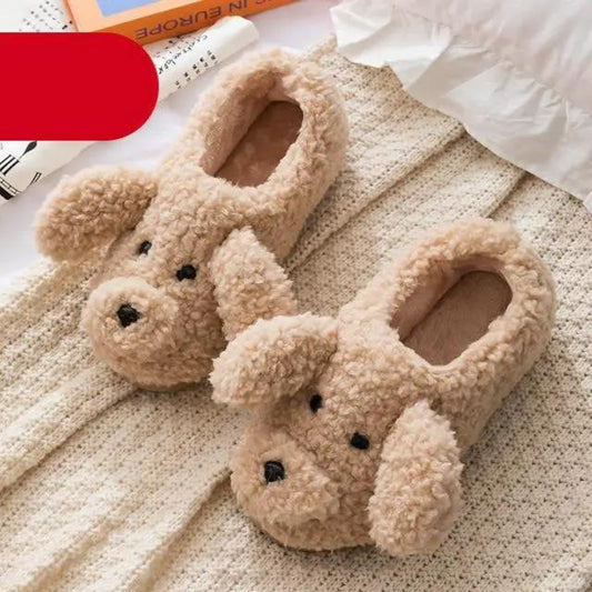 Beige dog-shaped plush slippers for women, fluffy faux fur, cozy indoor wear, 2 slippers on Tampa Home & Garden Store