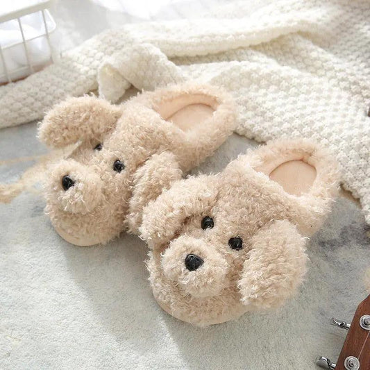 Dog slippers pair Stevvex beige fluffy plush memory foam indoor outdoor slip ons on Tampa Home & Garden Store