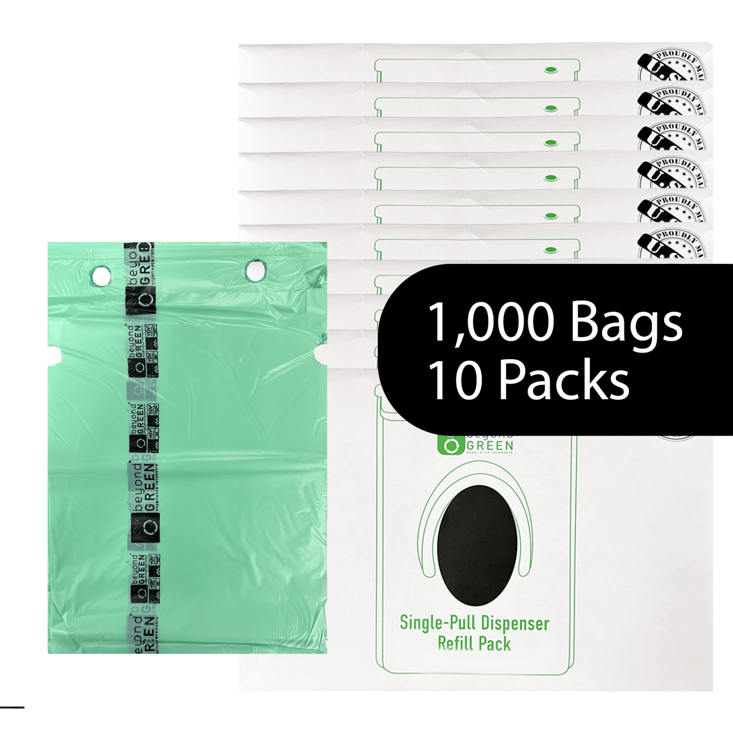 Sacs à déjections canines beyondGREEN – Recharge pour distributeur à distribution individuelle – Fabriqué aux États-Unis, anti-fuites, distribution un à un (100 sacs par paquet)
