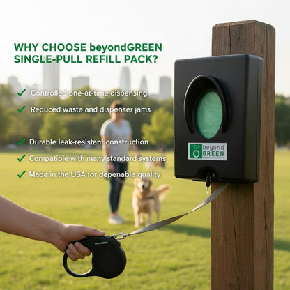 Sacs à déjections canines beyondGREEN – Recharge pour distributeur à distribution individuelle – Fabriqué aux États-Unis, anti-fuites, distribution un à un (100 sacs par paquet)