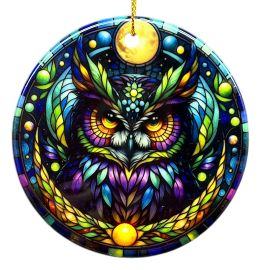 Mysterious Owl Stained Glass Ornament rainbow mosaic moon by The Country Christmas Loft on Tampa Home & Garden Store