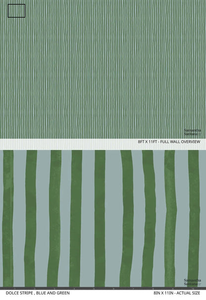 Wallpaper Dolce Stripe blue and green by Samantha Santana Creative; vertical stripe pattern on Tampa Home & Garden Store
