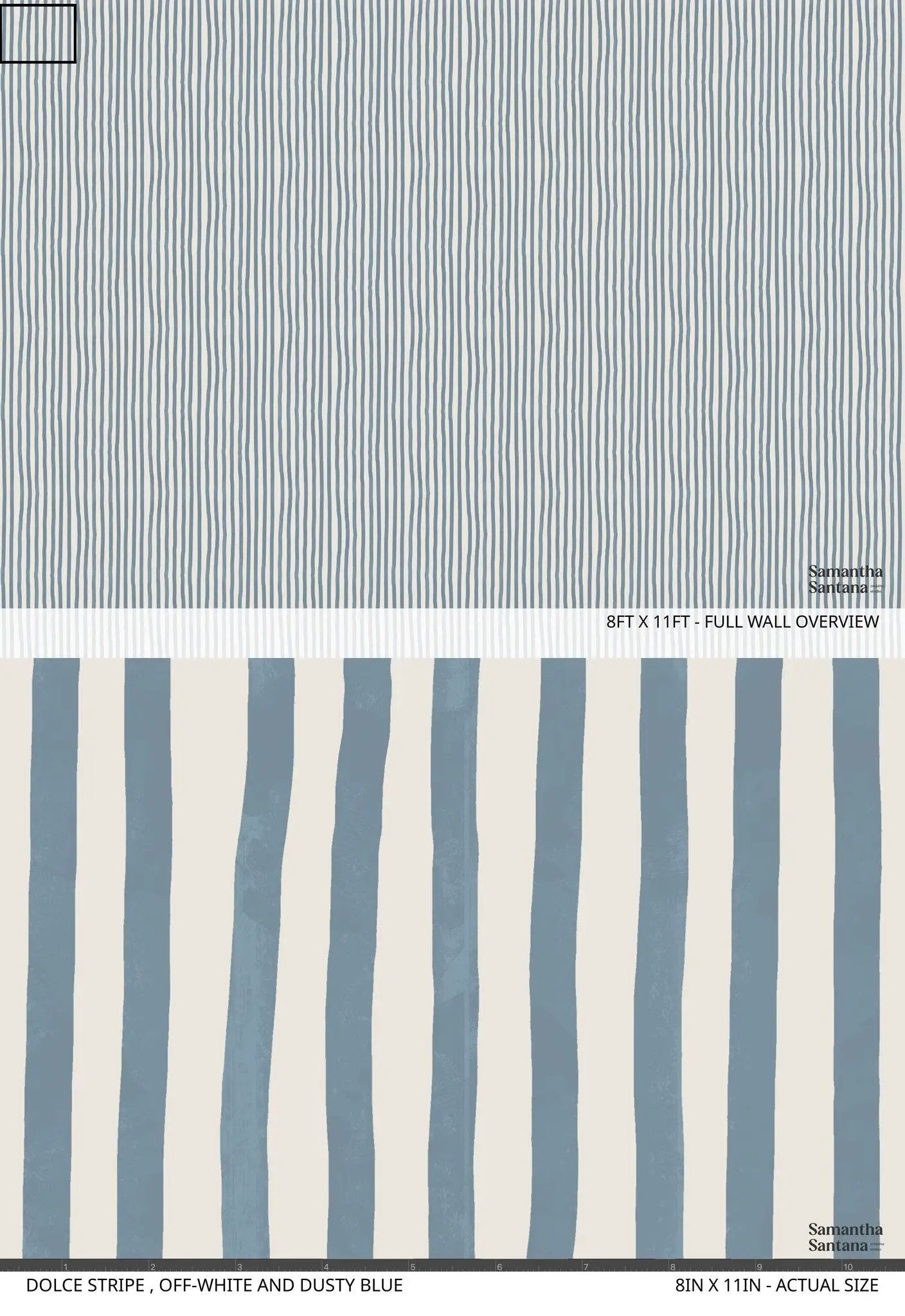 Dolce Stripe Wallpaper off-white and dusty blue with vertical stripes by Samantha Santana Creative on Tampa Home & Garden Store
