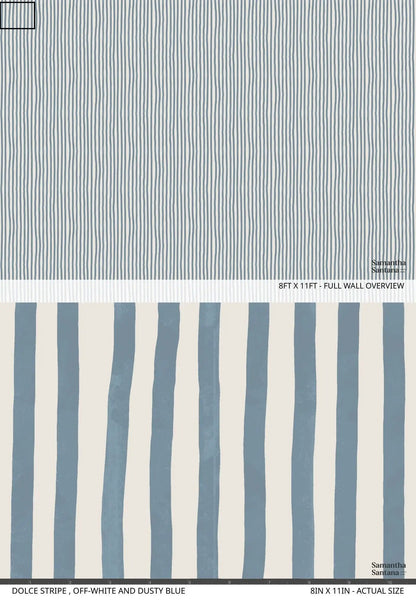 Dolce Stripe Wallpaper off-white and dusty blue with vertical stripes by Samantha Santana Creative on Tampa Home & Garden Store