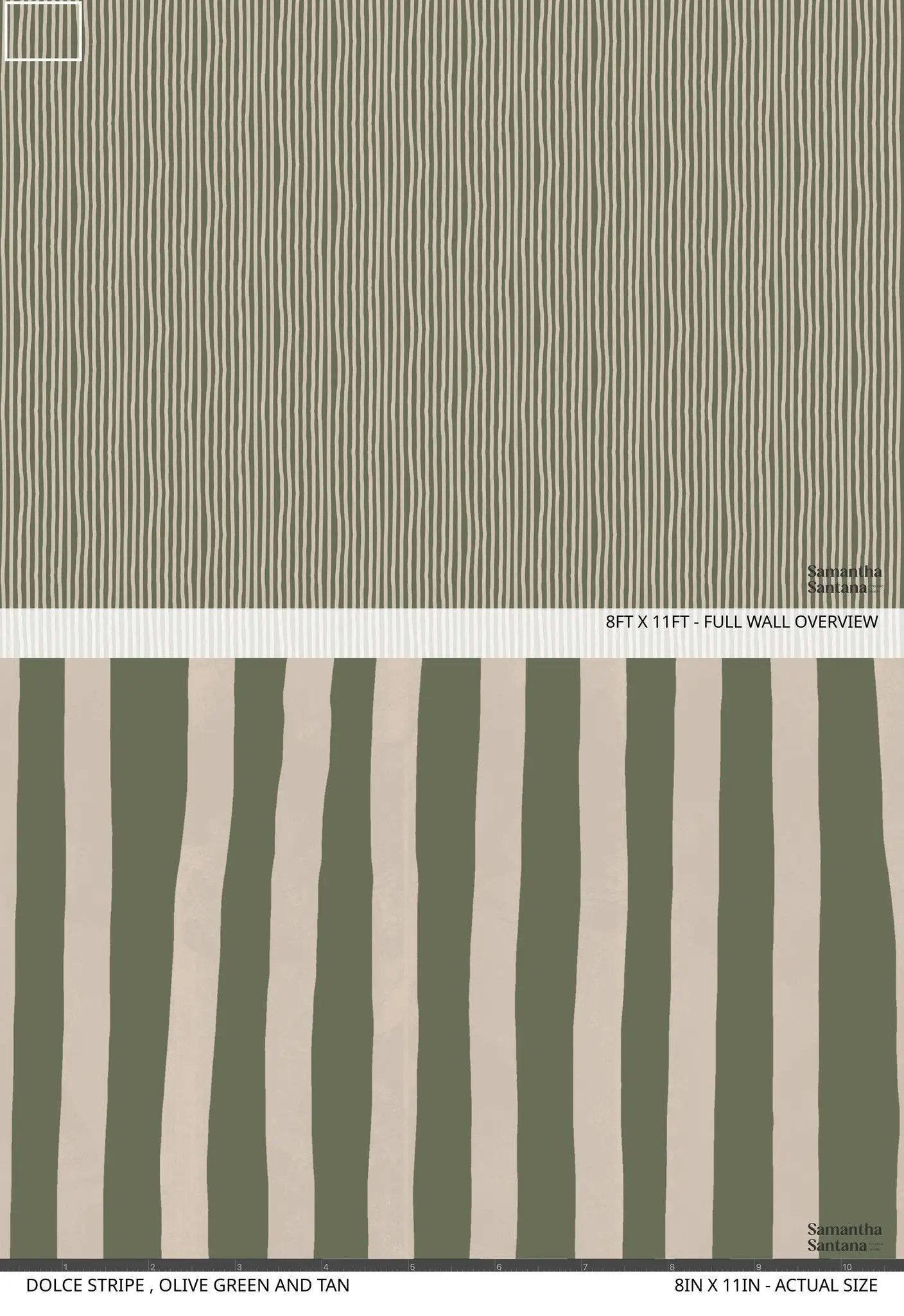 Dolce Stripe wallpaper olive green and tan with vertical stripes; Samantha Santana Creative on Tampa Home & Garden Store