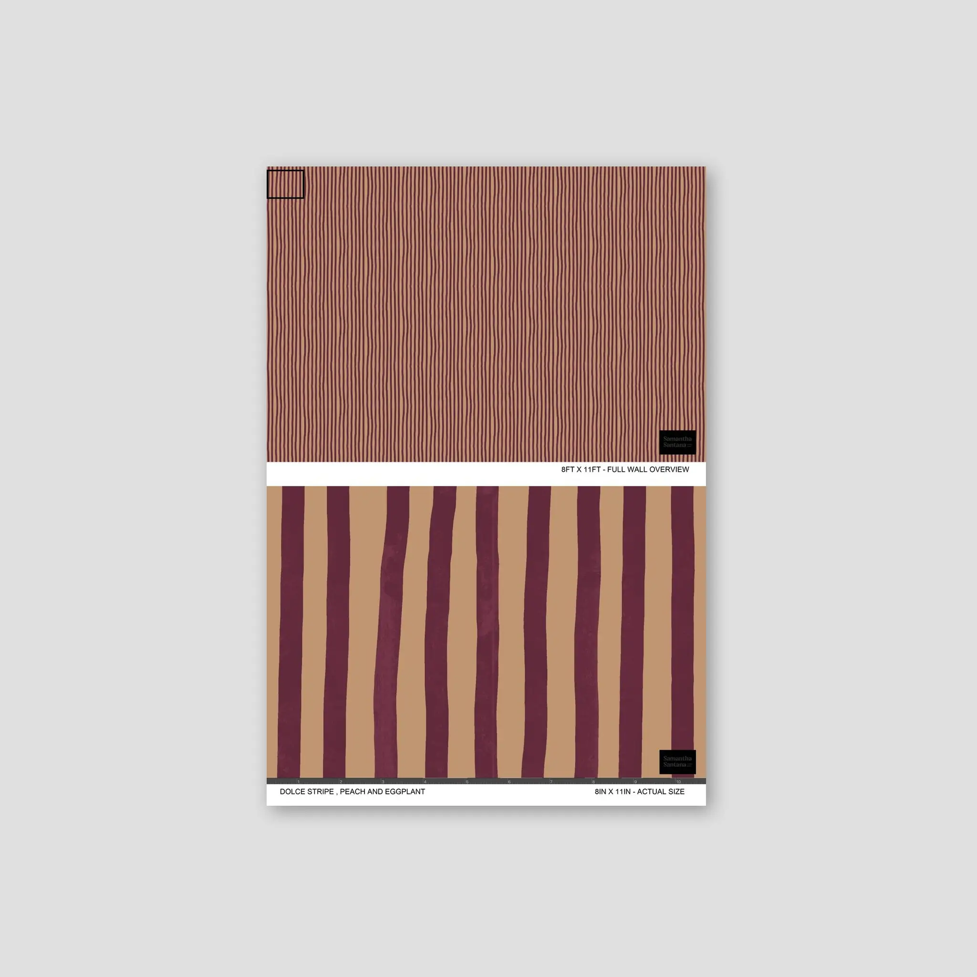 Dolce Stripe wallpaper in peach and eggplant with vertical stripes by Samantha Santana Creative on Tampa Home & Garden Store