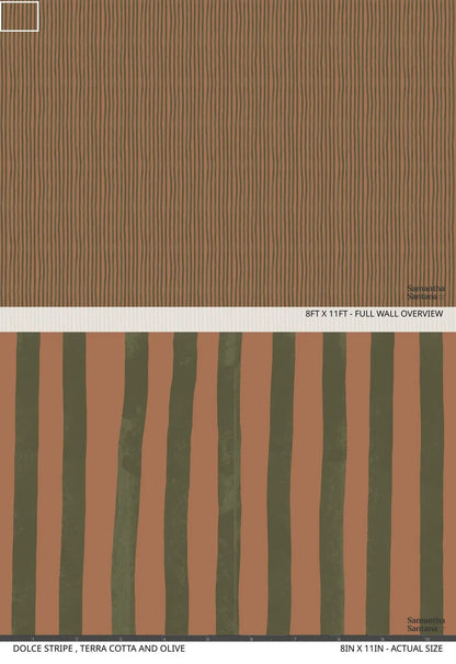 Wallpaper Dolce Stripe Terra Cotta and Olive with vertical stripes by Samantha Santana Creative on Tampa Home & Garden Store