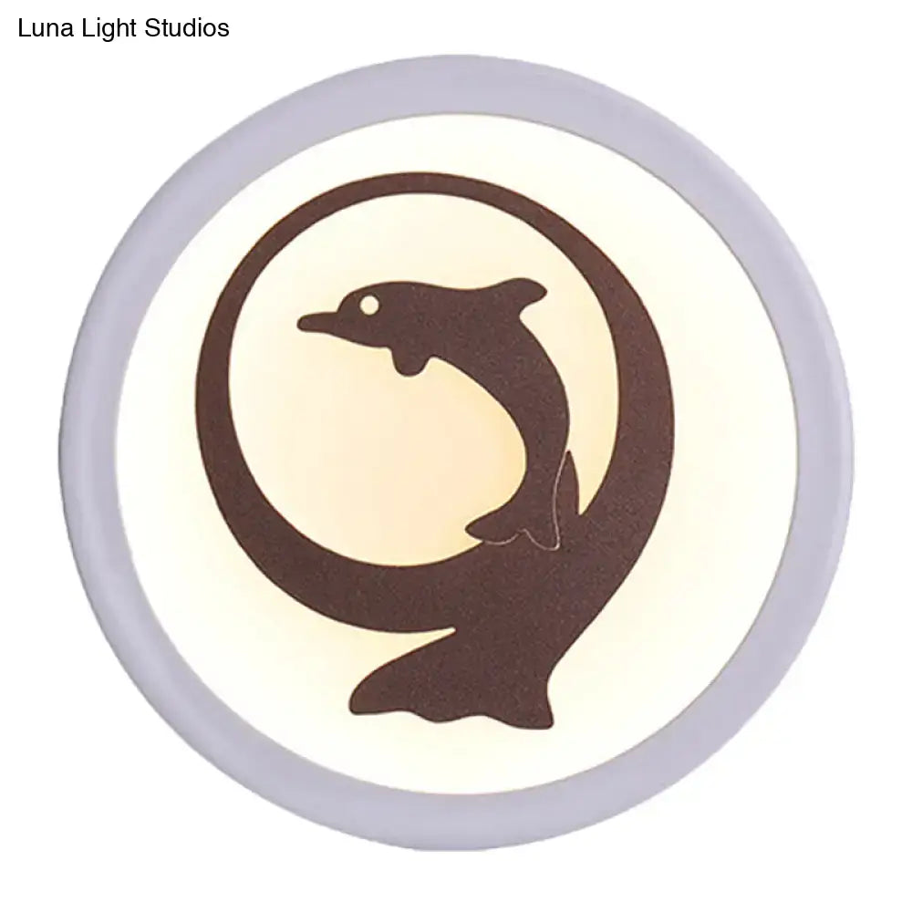 White iron round ceiling light with a dark brown dolphin silhouette in a circular frame on Tampa Home & Garden Store