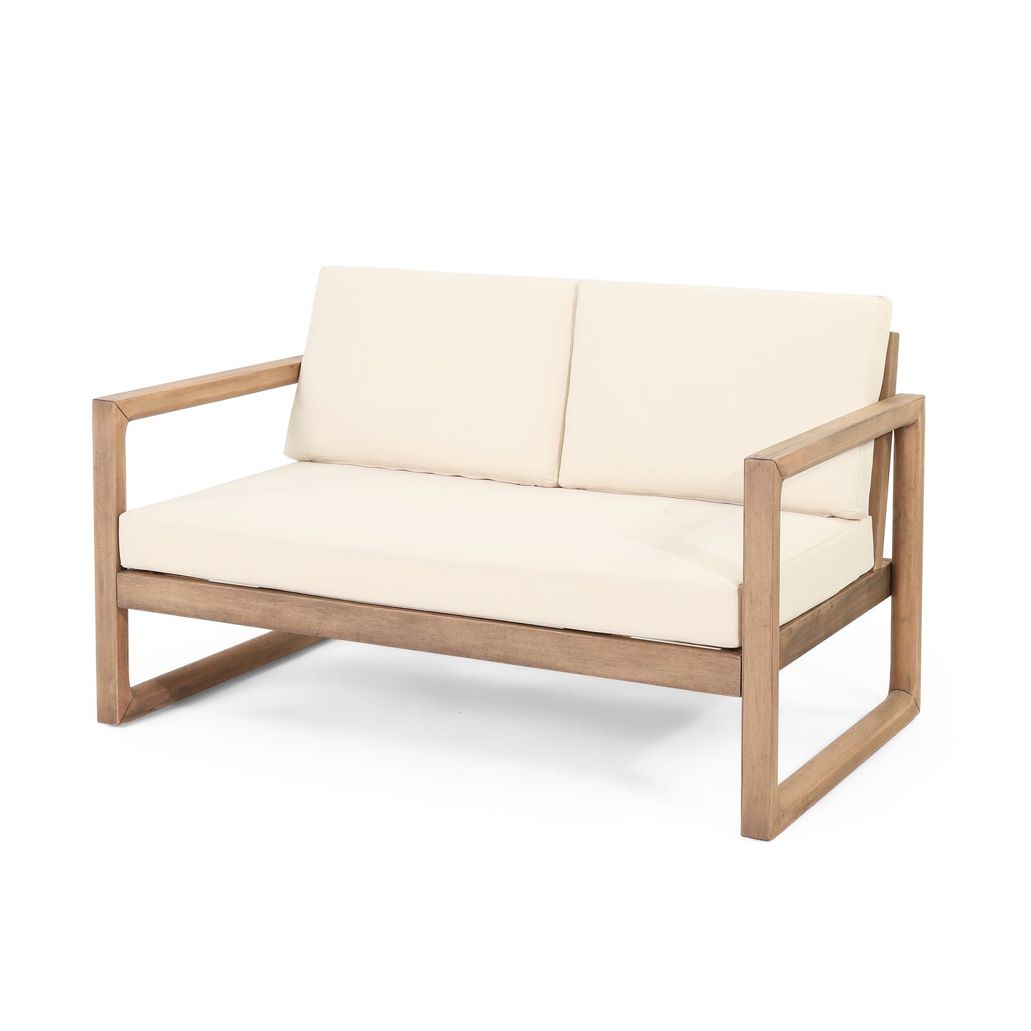 Outdoor acacia wood loveseat with beige cushions on Tampa Home & Garden Store