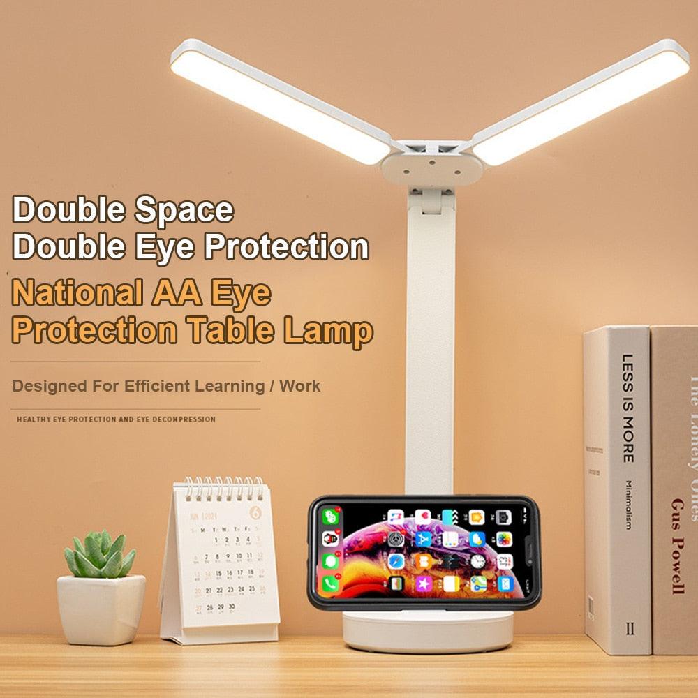 Stevvex double foldable LED desk lamp with phone bracket on white stand on Tampa Home & Garden Store