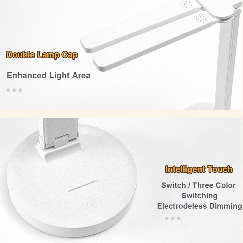 Stevvex White LED foldable desk lamp with dual heads, circular base, touch control on Tampa Home & Garden Store