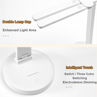 Stevvex White LED foldable desk lamp with dual heads, circular base, touch control on Tampa Home & Garden Store
