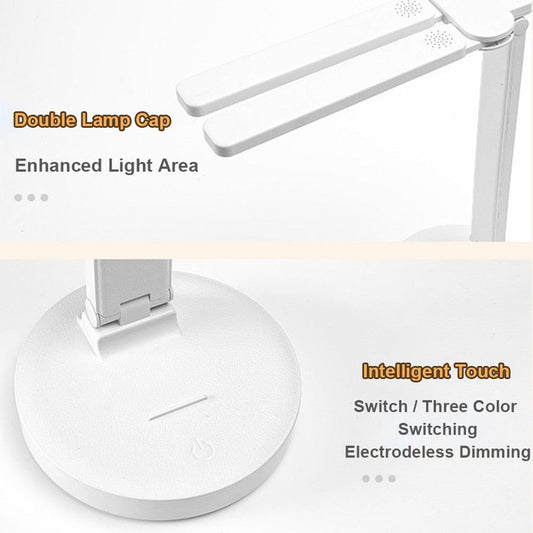 Stevvex White LED foldable desk lamp with dual heads, circular base, touch control on Tampa Home & Garden Store