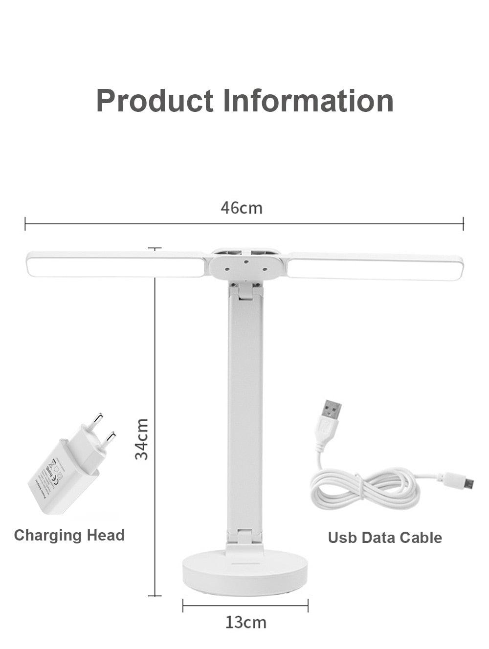 Double LED foldable desk lamp with dual slim bars, 46 cm wide; USB cable and charger included on Tampa Home & Garden Store