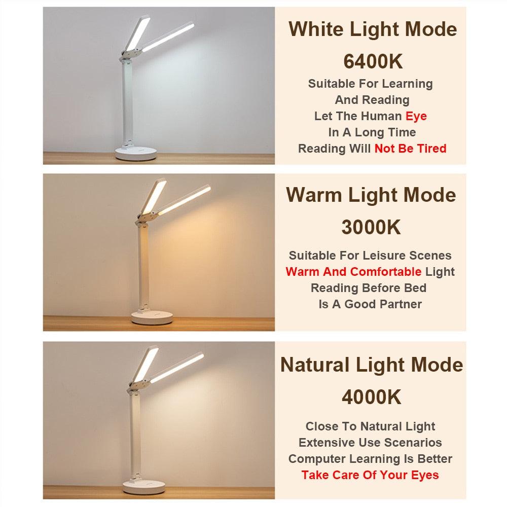 Stevvex ST125151AYL foldable LED desk lamp with phone bracket, white base and dual arms on Tampa Home & Garden Store
