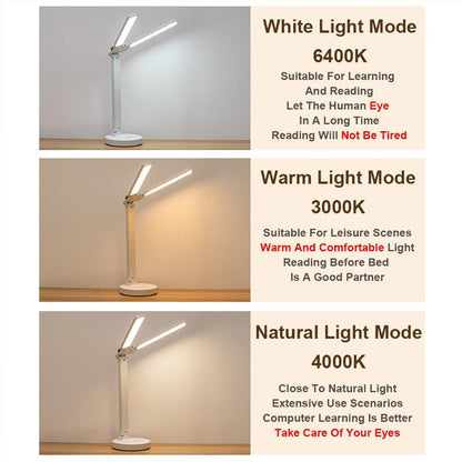 Stevvex ST125151AYL foldable LED desk lamp with phone bracket, white base and dual arms on Tampa Home & Garden Store