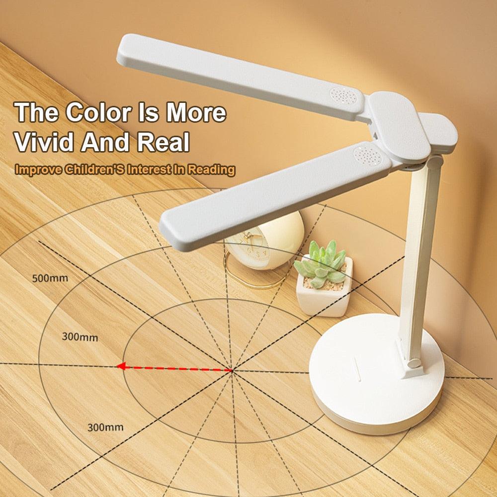Stevvex white double-arm LED foldable desk lamp with round base for kids desk study on Tampa Home & Garden Store