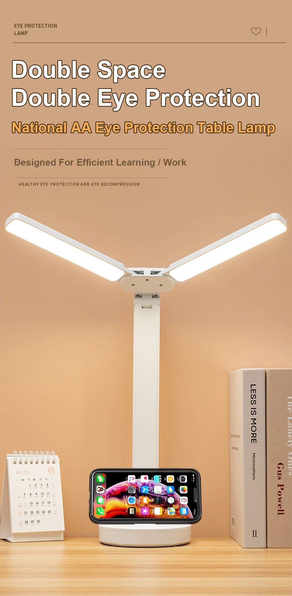 Stevvex double lamp LED foldable reading desk lamp with phone bracket, white metal finish on Tampa Home & Garden Store