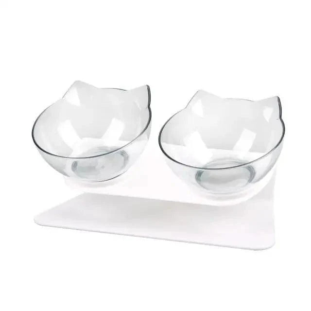 Double Non Slip Cat Bowls and Silicone Mat; two clear glass bowls with cat-ear rims on a white silicone mat on Tampa Home & Garden Store