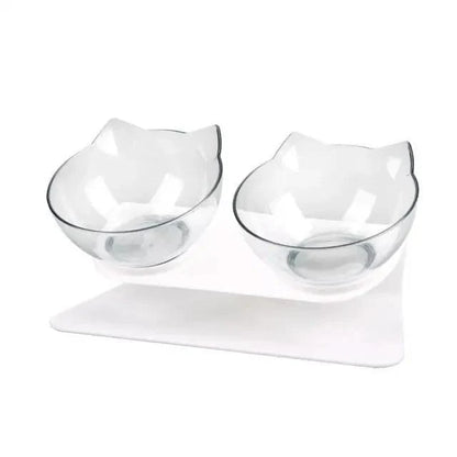 Double Non Slip Cat Bowls and Silicone Mat; two clear glass bowls with cat-ear rims on a white silicone mat on Tampa Home & Garden Store