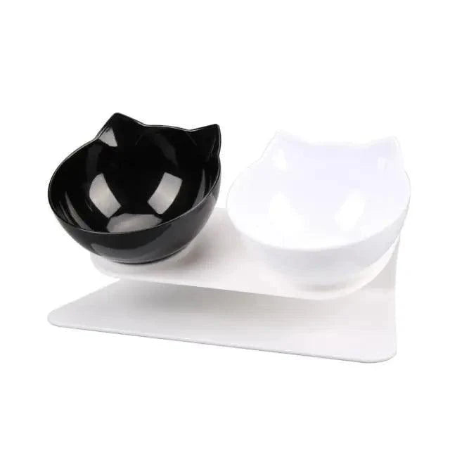 Stevvex double non-slip cat bowls on silicone mat; black and white cat-shaped bowls, two on Tampa Home & Garden Store