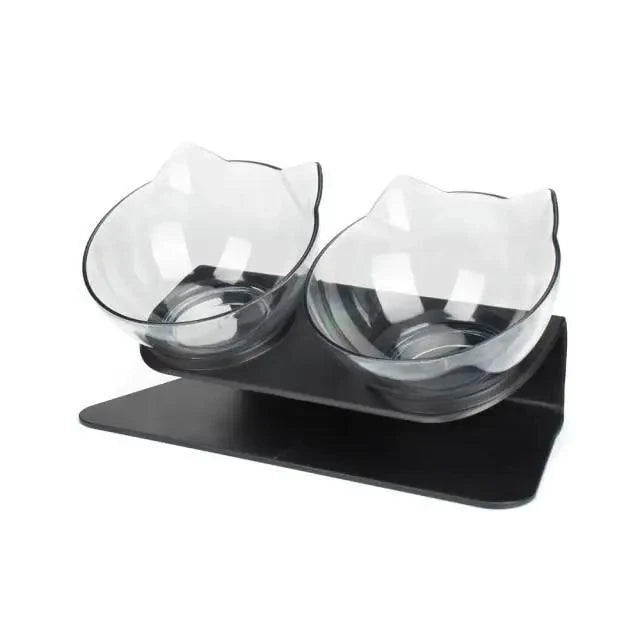 Double non-slip cat bowls with silicone mat by Stevvex, 2 clear bowls on black stand on Tampa Home & Garden Store