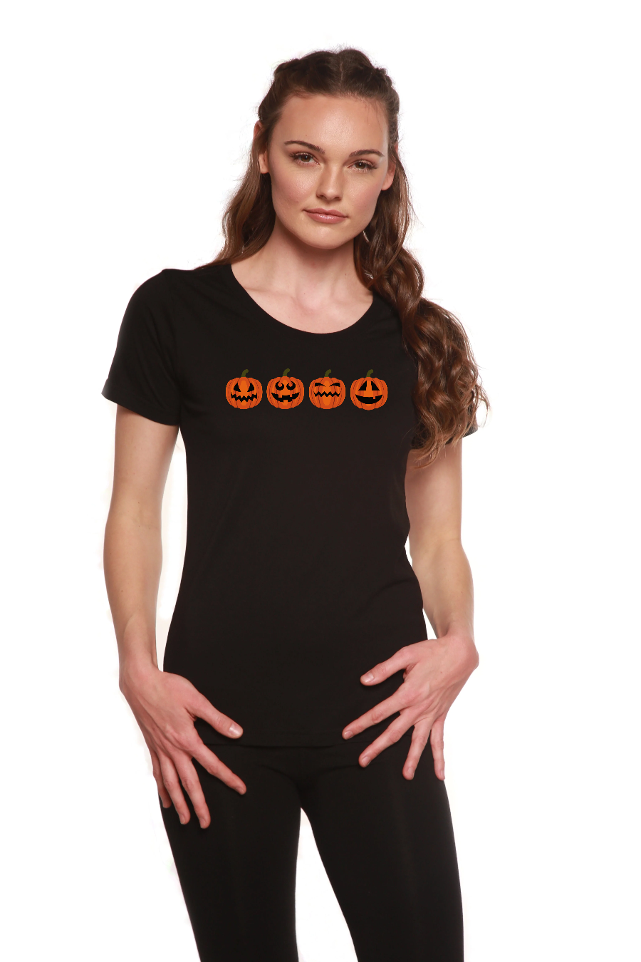 Halloween pumpkins printed t-shirt in black bamboo/cotton with orange pumpkins on Tampa Home & Garden Store