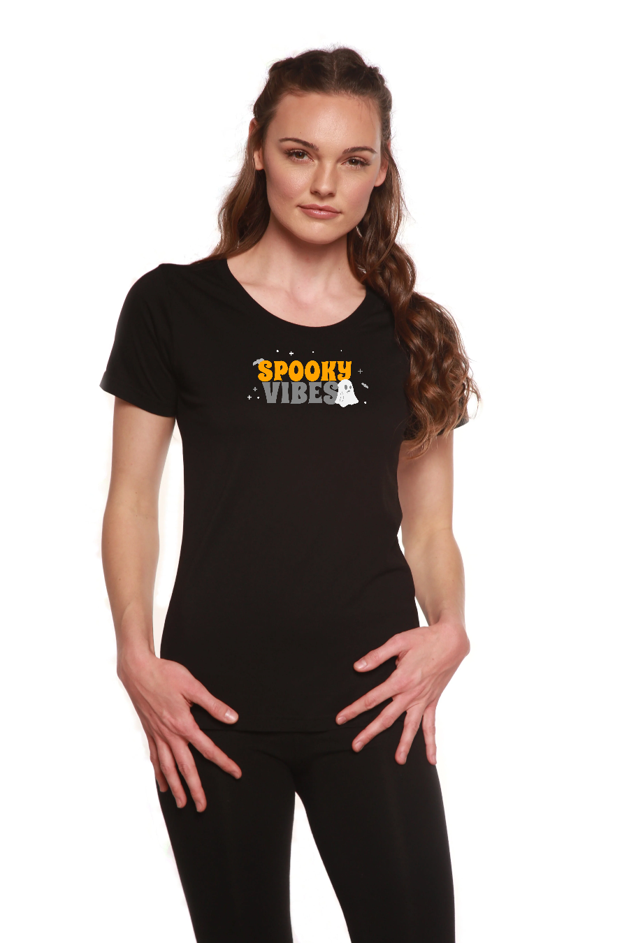 Spooky Vibes Spun Bamboo bamboo/cotton short sleeve scoop neck tee black with orange ghost graphic on Tampa Home & Garden Store