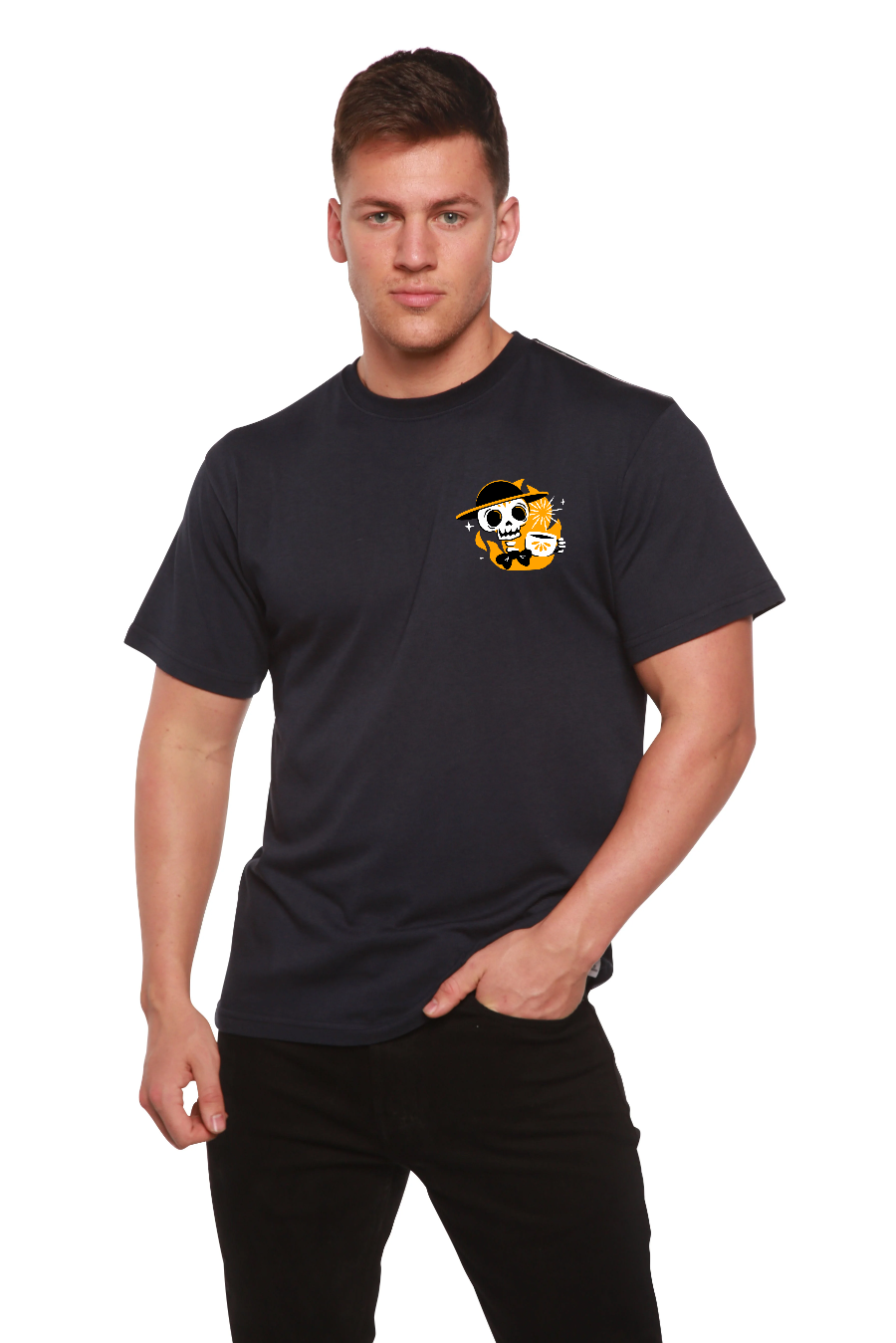 Mens skull with coffee graphic T-shirt in navy, Spun Bamboo viscose/organic cotton short sleeves on Tampa Home & Garden Store