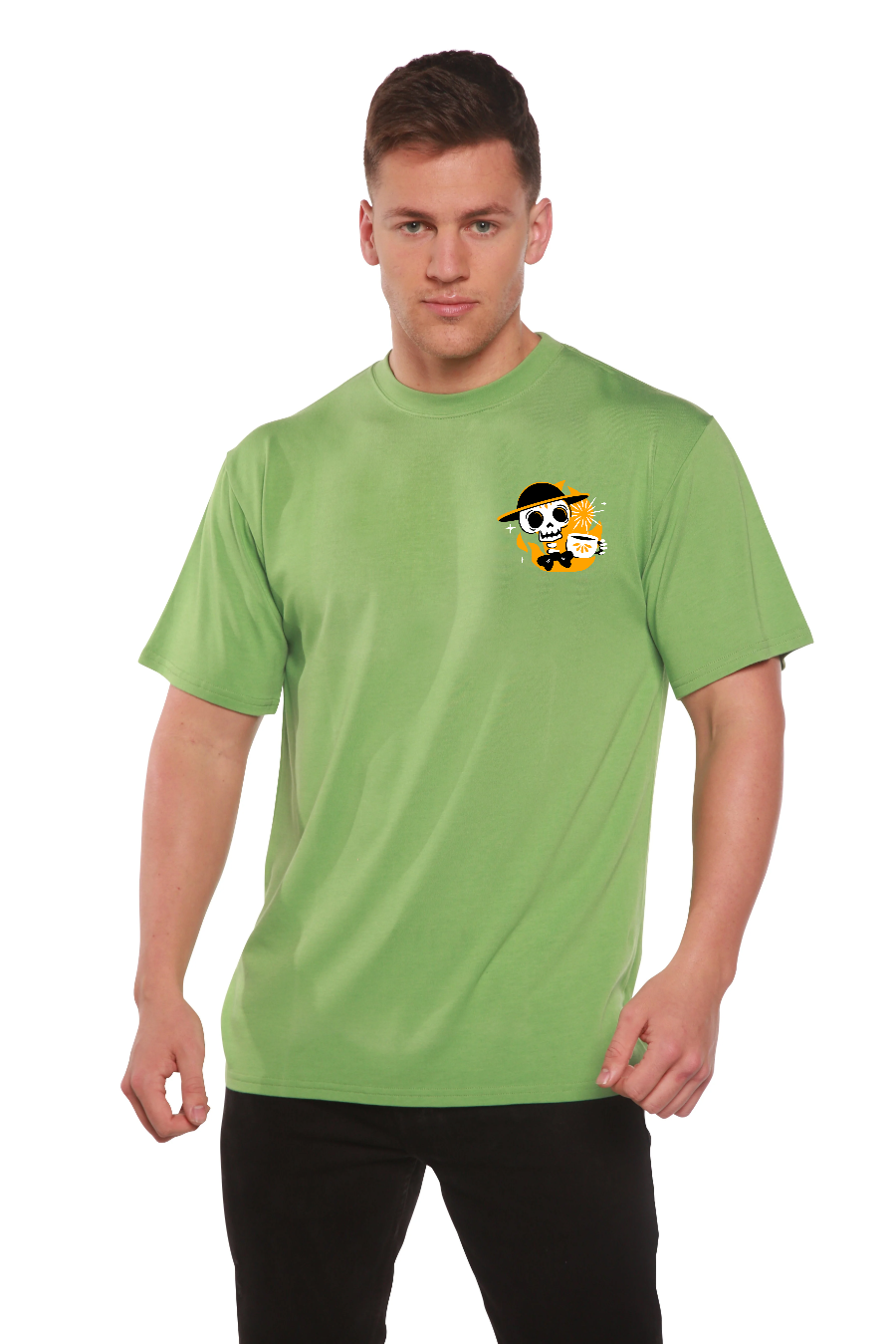 mens green skull coffee graphic t shirt left chest print by Spun Bamboo on Tampa Home & Garden Store