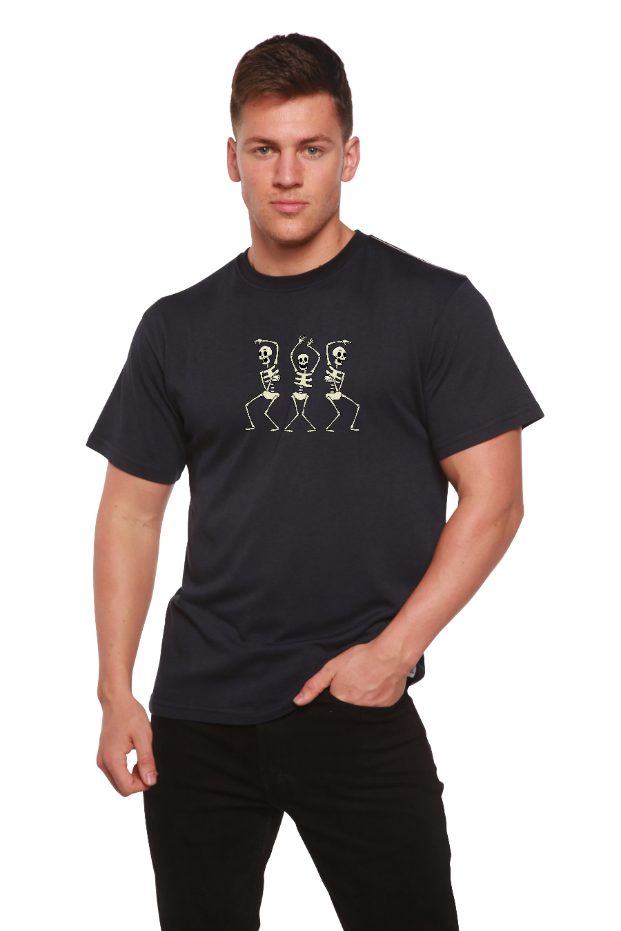 Men's navy printed t-shirt with three dancing skeletons graphic, short sleeve by Spun Bamboo on Tampa Home & Garden Store
