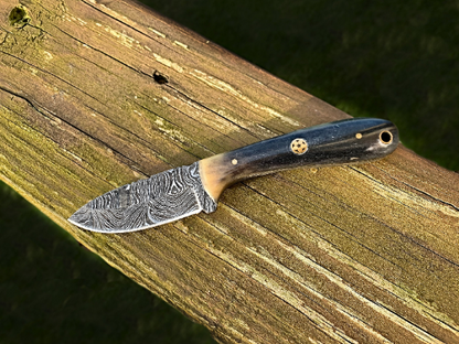 Damascus Steel EDC Titan Sparrow TD-603 knife with Damascus blade and dark blue handle on wood on Tampa Home & Garden Store