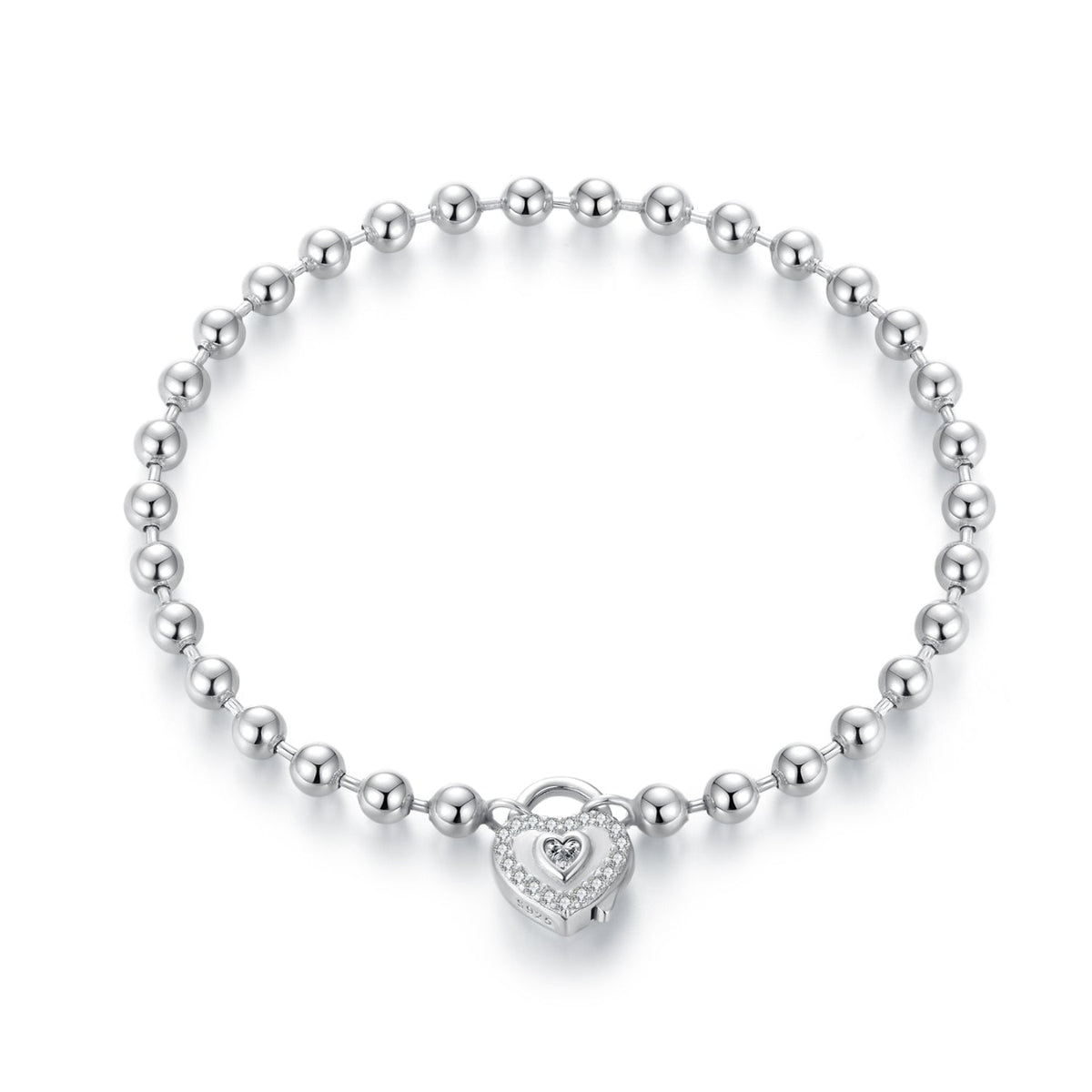 Bracelet Bids.com 17cm silver ball beads, white gold plated, CZ pavé heart charm for women on Tampa Home & Garden Store