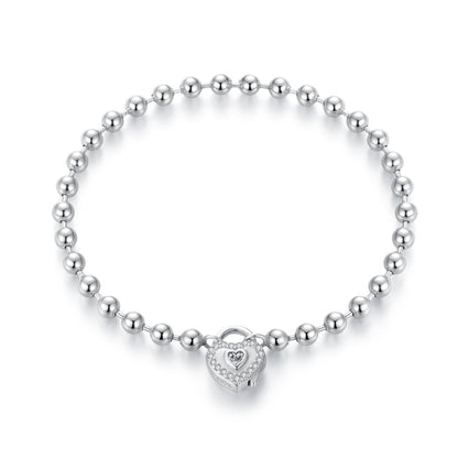 Bracelet Bids.com 17cm silver ball beads, white gold plated, CZ pavé heart charm for women on Tampa Home & Garden Store