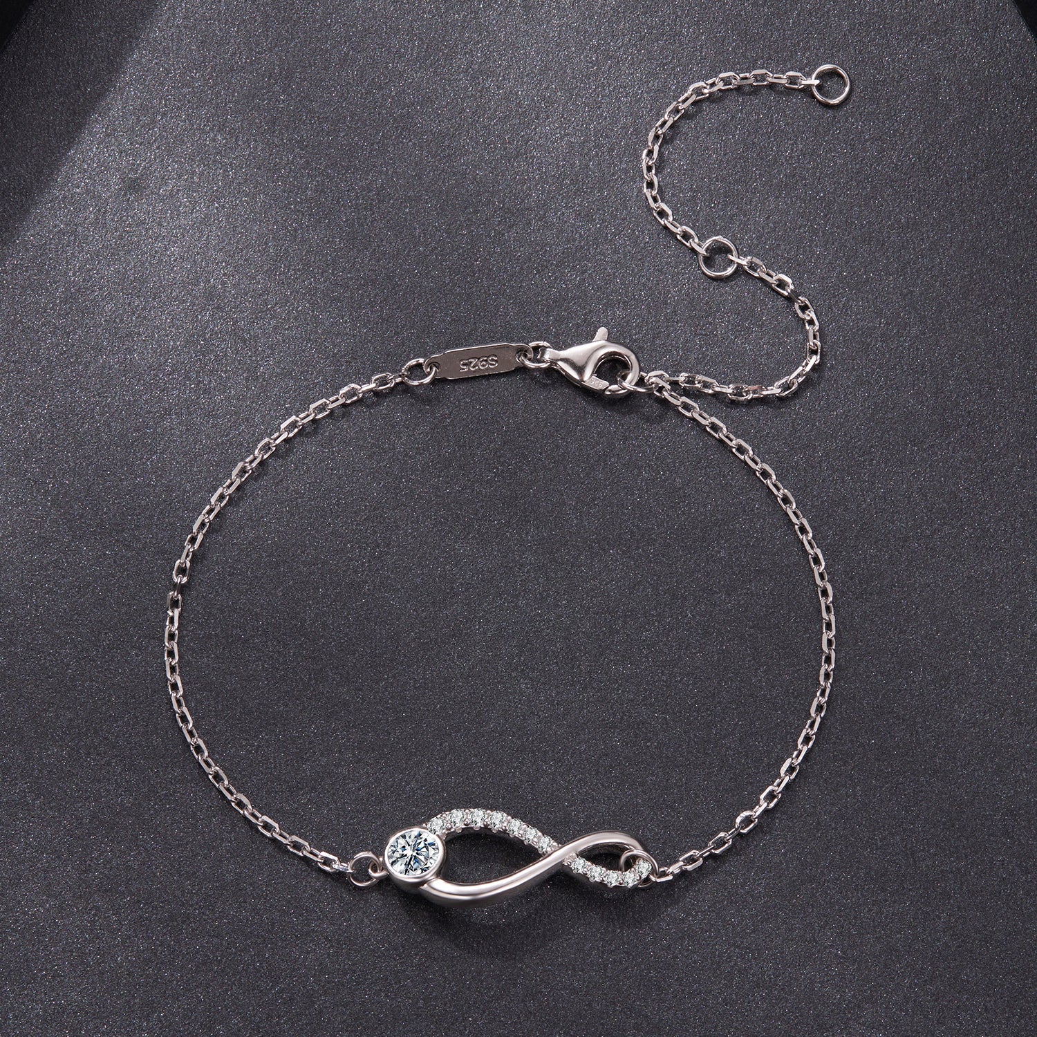 Bracelet 925 sterling silver moissanite pave CZ stones infinity loop white gold plated 21cm on Tampa Home & Garden Store