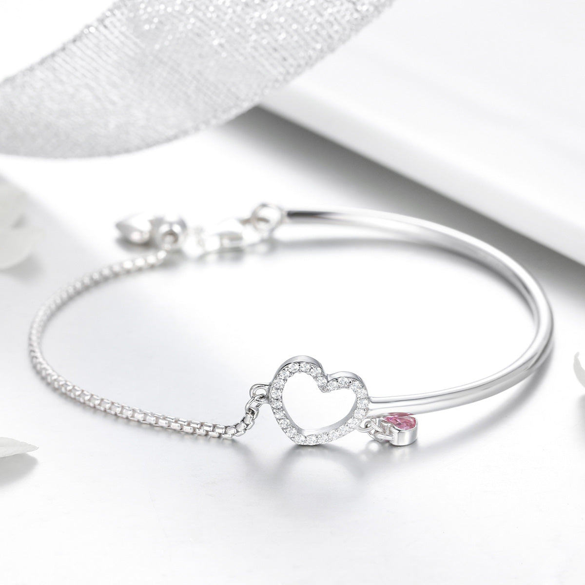 925 Sterling Silver Bracelet 19cm for Women with a pave heart halo charm and pink gemstone on Tampa Home & Garden Store