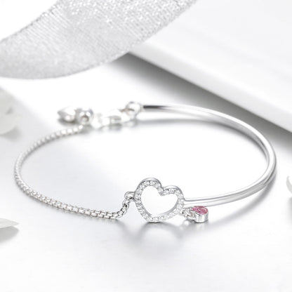 925 Sterling Silver Bracelet 19cm for Women with a pave heart halo charm and pink gemstone on Tampa Home & Garden Store