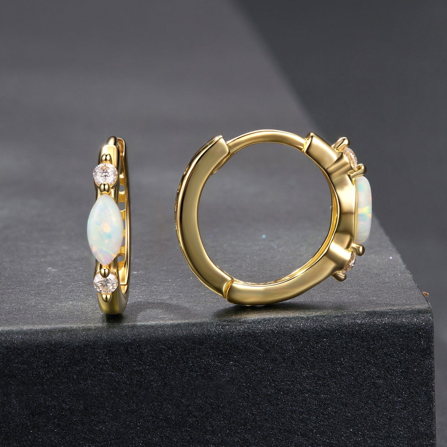 Hoop earrings gold-plated with opal cabochons and moissanite accents by Bids.com on Tampa Home & Garden Store