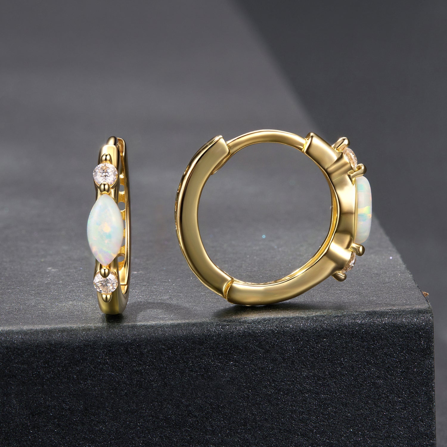 Hoop earrings gold-plated with opal cabochons and moissanite accents by Bids.com on Tampa Home & Garden Store