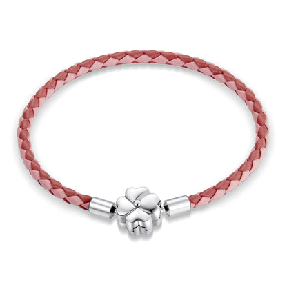 925 Sterling Silver Leather Bracelet 17cm for Men pink braided with flower charm by Bids.com on Tampa Home & Garden Store