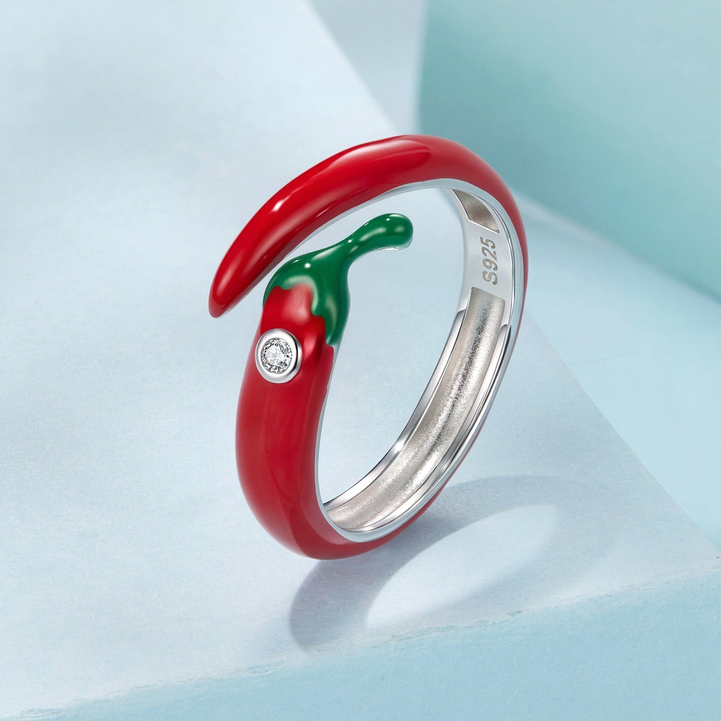 Ring, 925 sterling silver with red enamel wrap and green leaf, clear CZ stone by Bids.com on Tampa Home & Garden Store