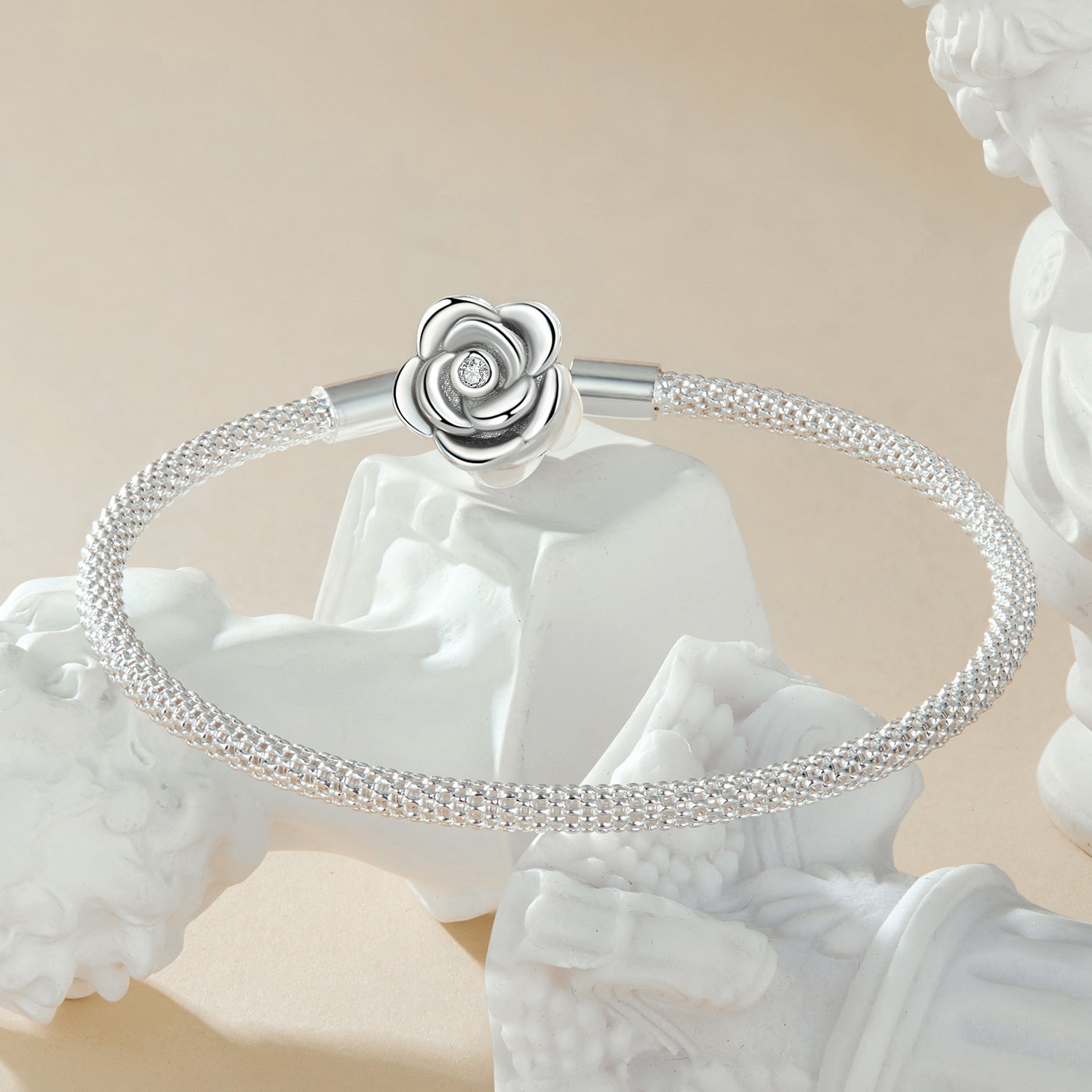 925 Sterling Silver bracelet with oxidized finish and CZ flower charm, 17.0 cm, Bids.com on Tampa Home & Garden Store