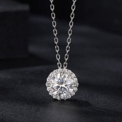 925 Silver Moissanite Necklace with pavé halo, round center stone, 40+5cm chain, Bids.com on Tampa Home & Garden Store